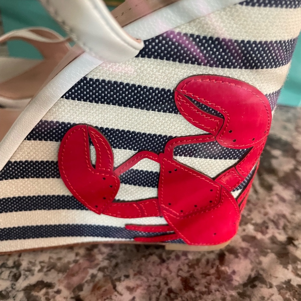 Kate Spade wedge wedges lobster 9.5 Striped Wedge Sandals  Lobster LEATHER - Picture 2 of 13